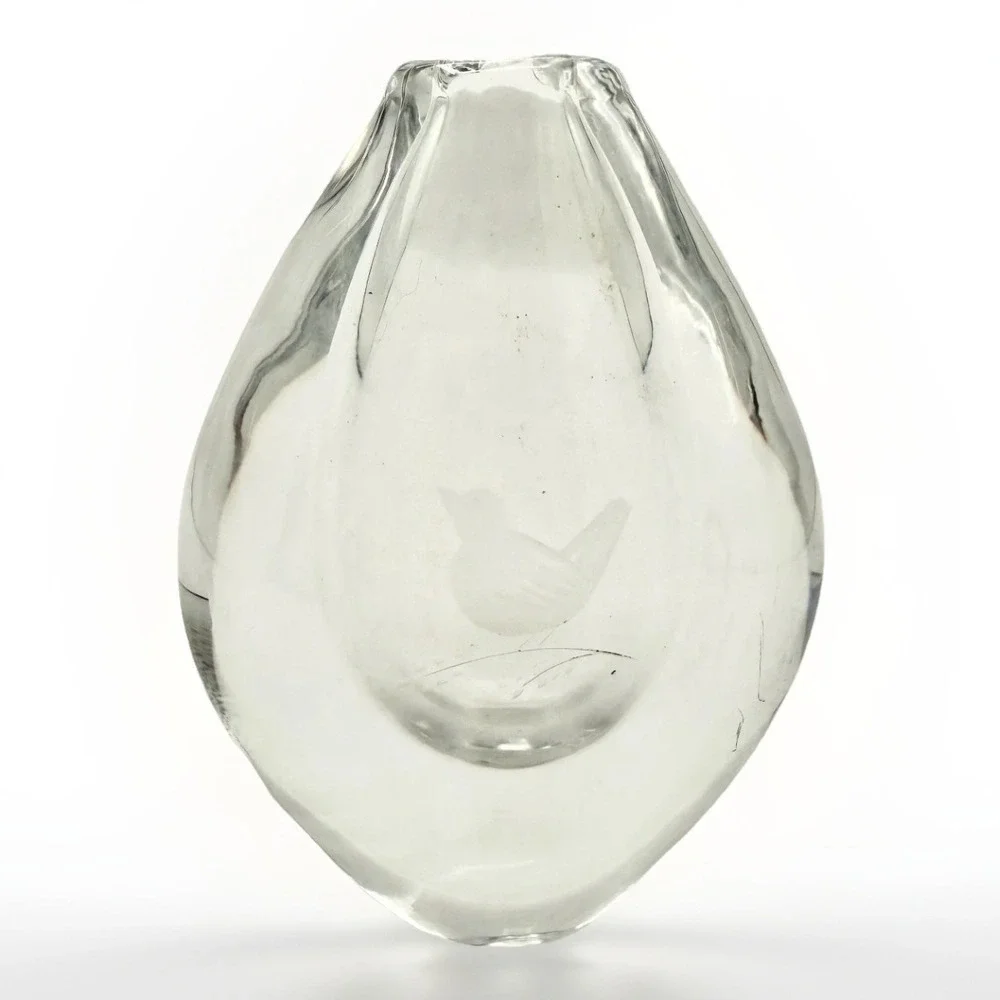 Vintage Orrefors Crystal Bud Vase Signed Scandinavian Art Glass Etched Bird